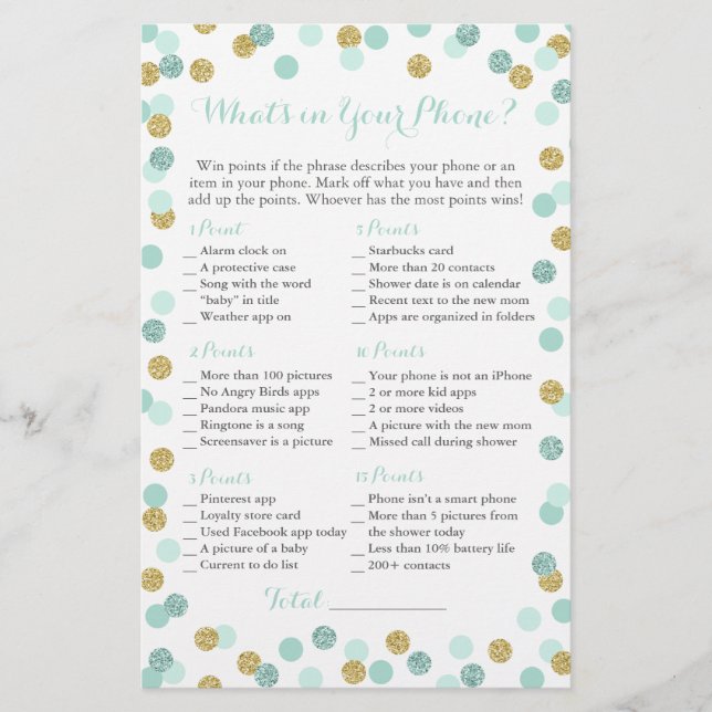 Mint e Dourado Glitter O que há no seu jogo telefô (Frente)