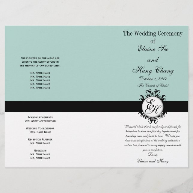 Mint Green Black Wedding Program Chic Monogrammed (Frente)