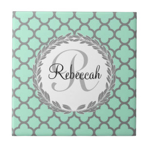 Mint Green Cinza Quatrefoil Nome Monograma Laurel