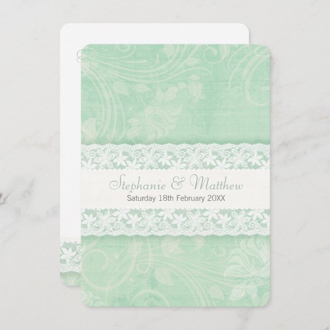 Mint Green e White Lace Convite para casamento (Frente/Verso)