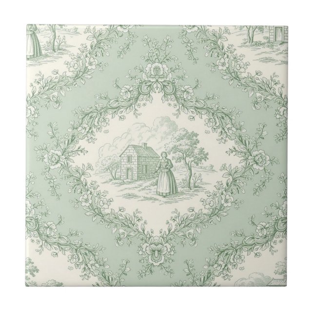 Mint Green French Country Floral Toile - Farmhouse (Frente)
