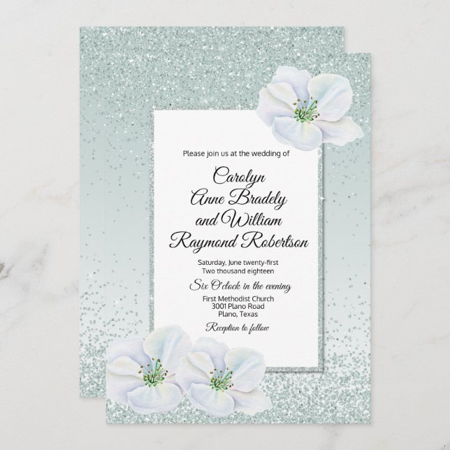Mint Green Glitter e Flores Convite para Casamento (Frente/Verso)