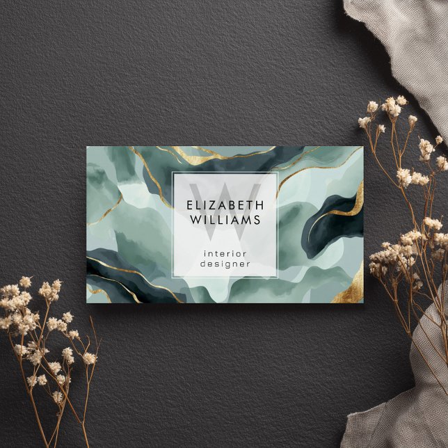 Mint Green Gold Abstract Monogram Business Cards (Criador carregado)
