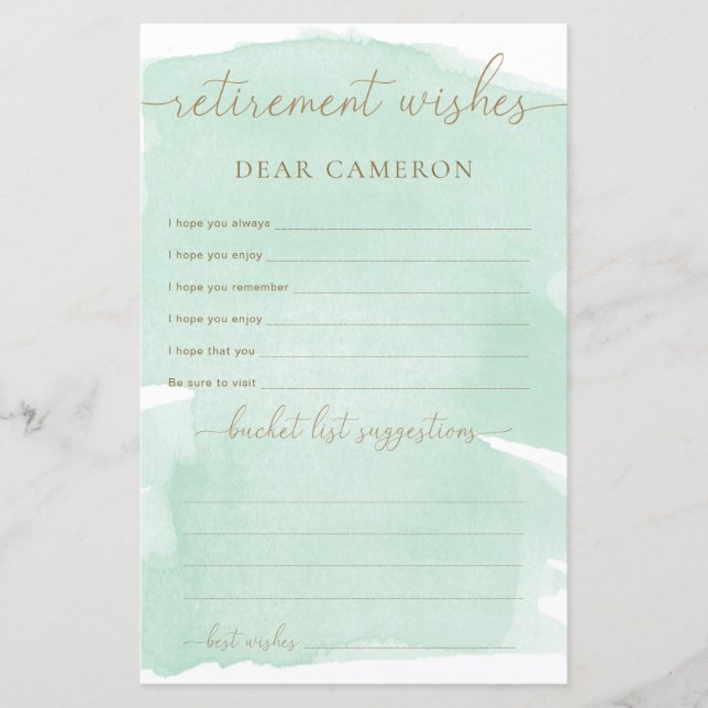 Mint Green Watercolor Retirement Desejos (Frente)
