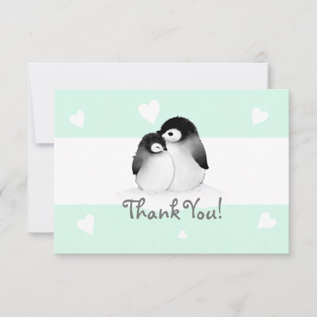 Mint Heart Penguin Obrigado Cartões de Nota (Frente)