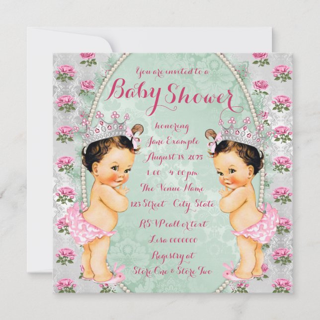 Mint Pink Rose Twin Girl Shower Convites (Frente)