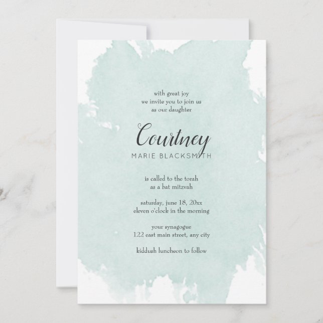 Mint Watercolor Splash Bat Mitzvah Convites (Frente)