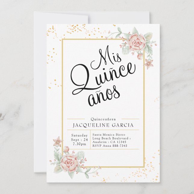 Mis Quince Anos Pink Quinceañera Convite Floral (Frente)