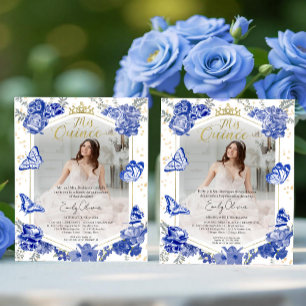 Mis Quince Foto Orçamento Convite Bilíngue Azul