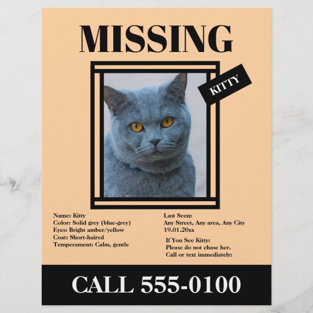 Missing Pet Flyer Custom Photo, Info (Frente)