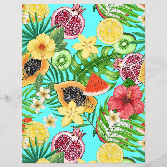 Mistura tropical de frutas, flores e folhas em azu (Frente)