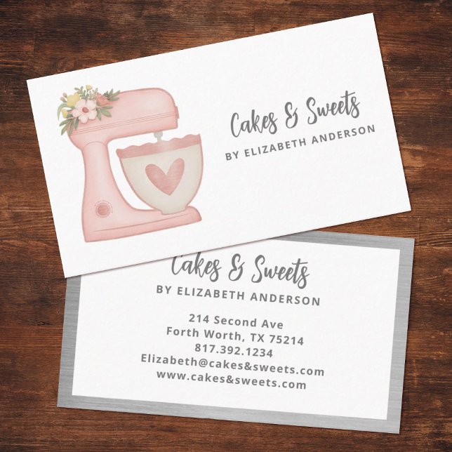 Misturador Simples - Cartão de visita de padaria d (A cute pink mixer decorates this bakery business card. Personalize it for your business.)