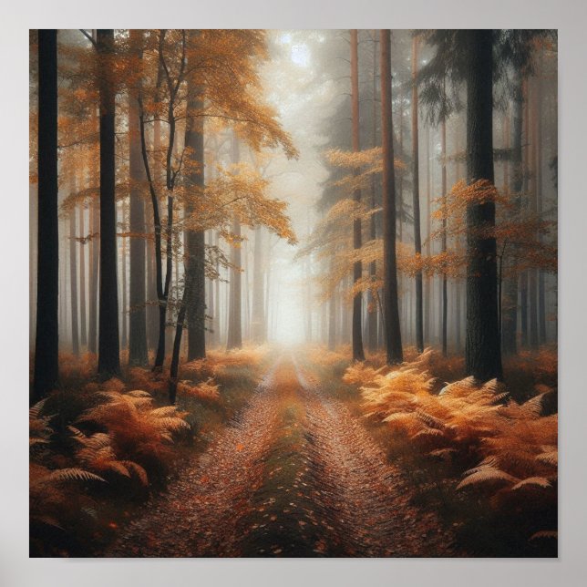 Misty Forest Trail in Autumn Glow – Poster  (Frente)