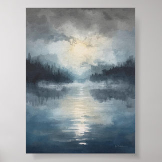 Misty Moonlit Lake Poster
