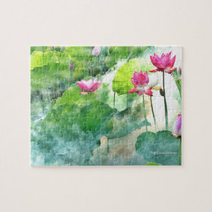 Misty Pink Lotus Summer Green Quebra-cabeça