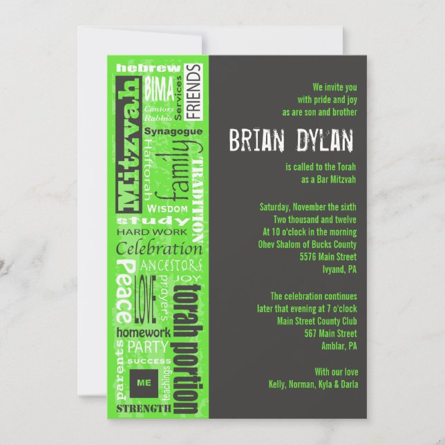 MITZVAH WORDS DIZ Convite para Bat de Bar (Frente)