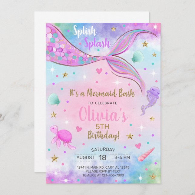 Moça sereia d'água e convite de aniversário de our (Frente/Verso)