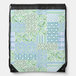 Mochila Flores Azuis Pergueiro Flores Vintage Faux Patchwo