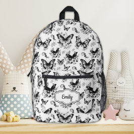 Mochila Preta e Branca Borboleta Nome Personalizad