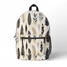 Mochila Preta e Dourada com Impressão de Pena