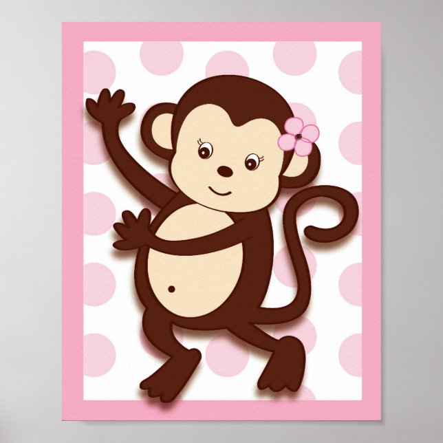Mod Girl Monkey Dots Nursery Wall Art Impressão (Frente)