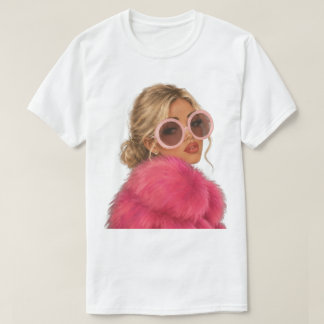 Moda Glamour Loira em Camisa de Pelúcia Rosa Falsa