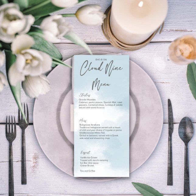 Modelo chá de panela de  de Nuvem (Cloud nine bridal shower menu cards template grey modern casual script simple minimalist design)