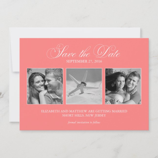 Modelo de 3 fotos Coral Pink Save the Date Casamen (Frente)