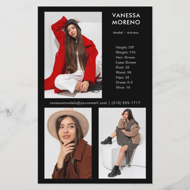 Modelo de Ator Comp Card 3 Photo Black Flyer (Frente)