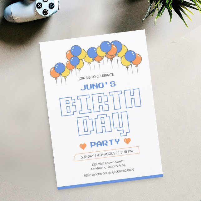 Modelo de cartão de convite para festa de aniversá (funny birthday invitation card , retro birthday card , gamer birthday party , )