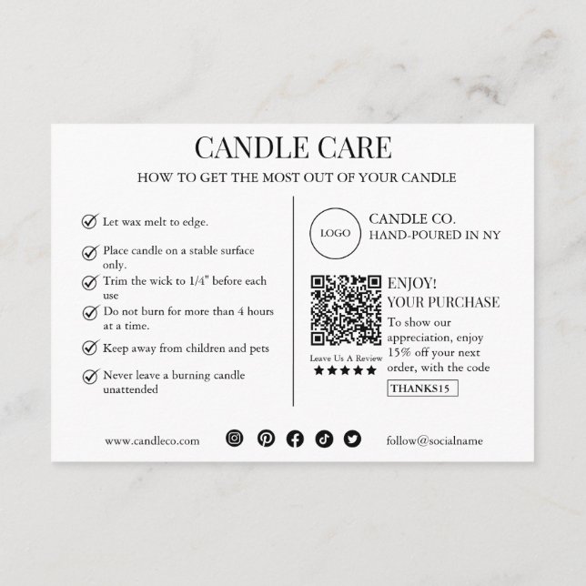 Modelo de Cartão de Cuidados com Velas Minimalista (Verso)
