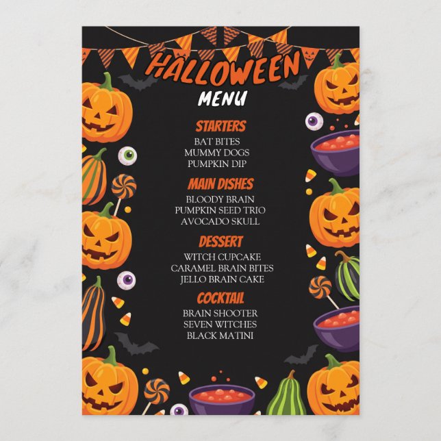 Modelo de cartão de menu de comida para festa de H (Frente)