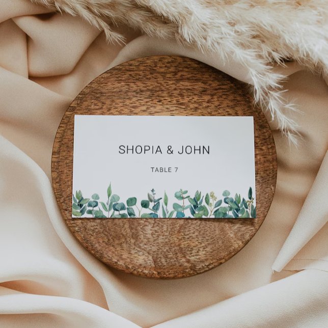 Modelo de cartões de lugar de casamento com folhag (Greenery Wedding Place Cards Template)
