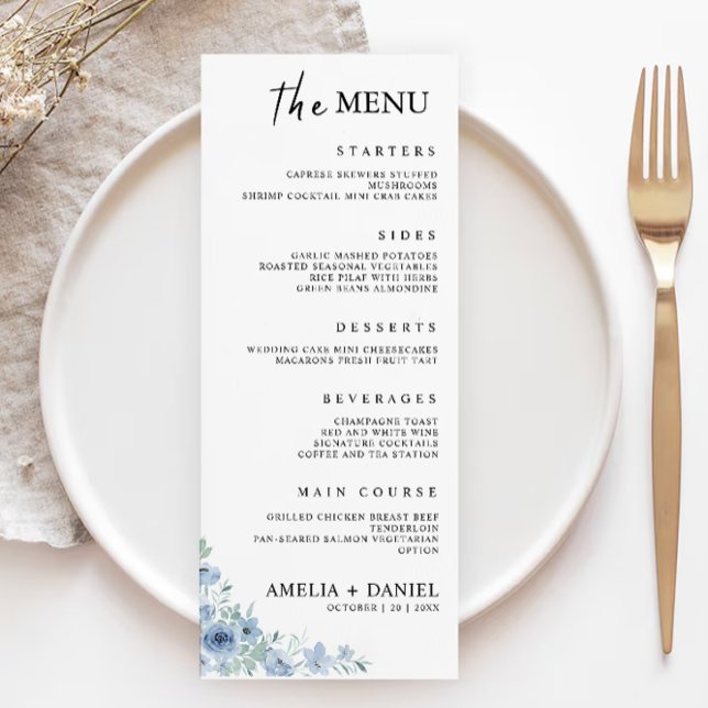 Modelo de Cartões de Menu de Casamento Azul (Blue Wedding Menu Cards Template)
