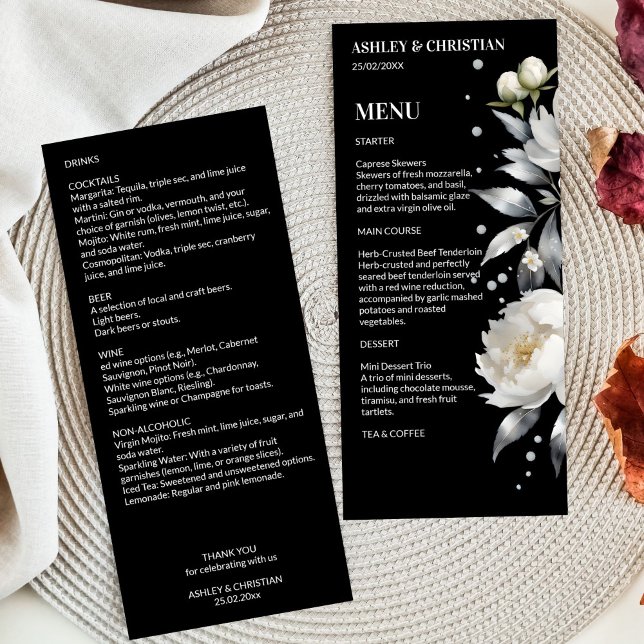 Modelo de casamento de boho elegante preto e branc (Black and white elegant boho wedding template menu card white silver peonies black menu cards)