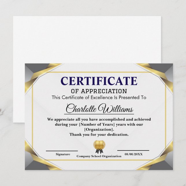 Modelo de Certificado de Agradecimento Elegante (Frente/Verso)