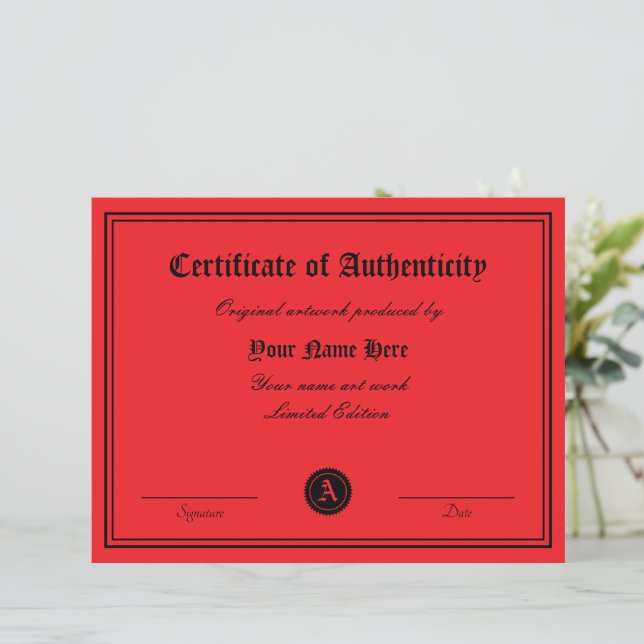 Modelo de certificado de autenticidade para obra d (Em pé/Frente)