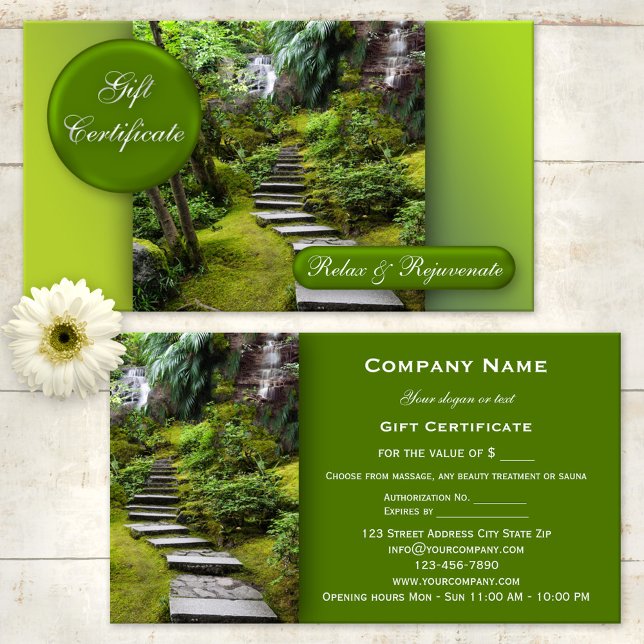 Modelo de Certificado de Presente de Beleza de Spa (Green and refreshing - spa, massage, sauna or beauty gift certificate)
