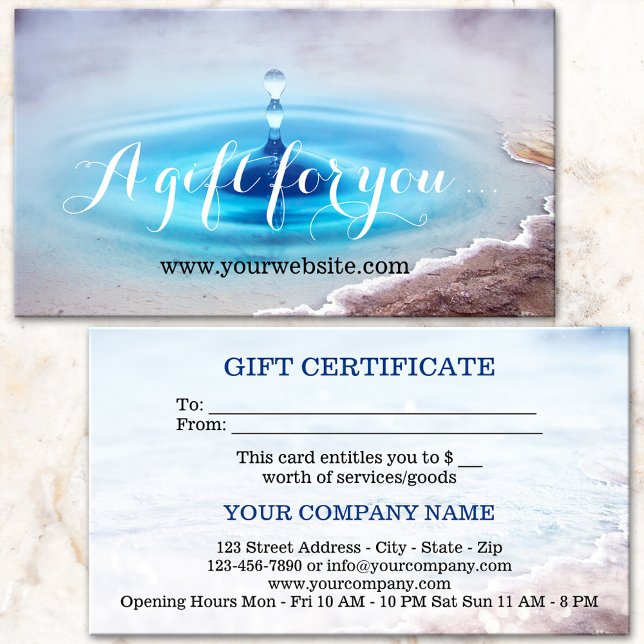 Modelo de Certificado de Presente de Massagem Spa  (Gift certificate card featuring an artistic representation of a hot water source - spa - wellness)