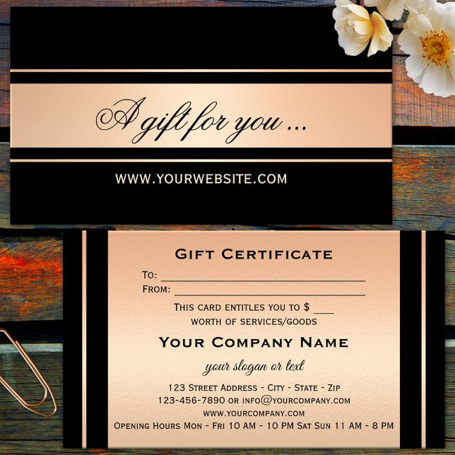 Modelo de Certificado de Presente Elegante em Dour (Elegant business card sized gift card voucher in rose gold and black)