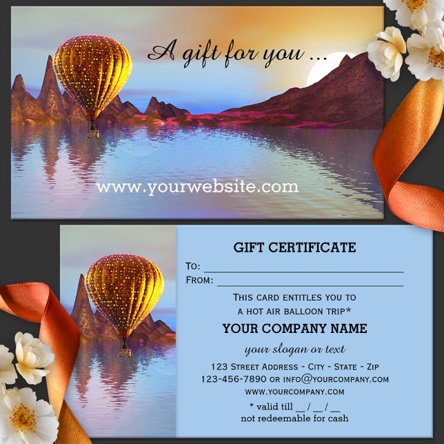 Modelo de Certificado de Presente para Passeio de  (Hot air balloon entertainment gift certificate card with fantasy landscape - day trip)