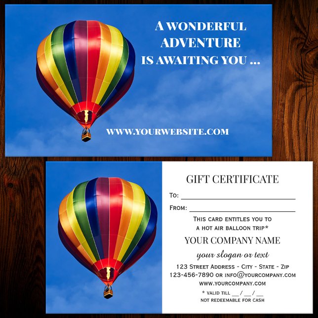 Modelo de Certificado de Presente para Passeio de  (A gift certificate or regular business card featuring a hot air balloon.)