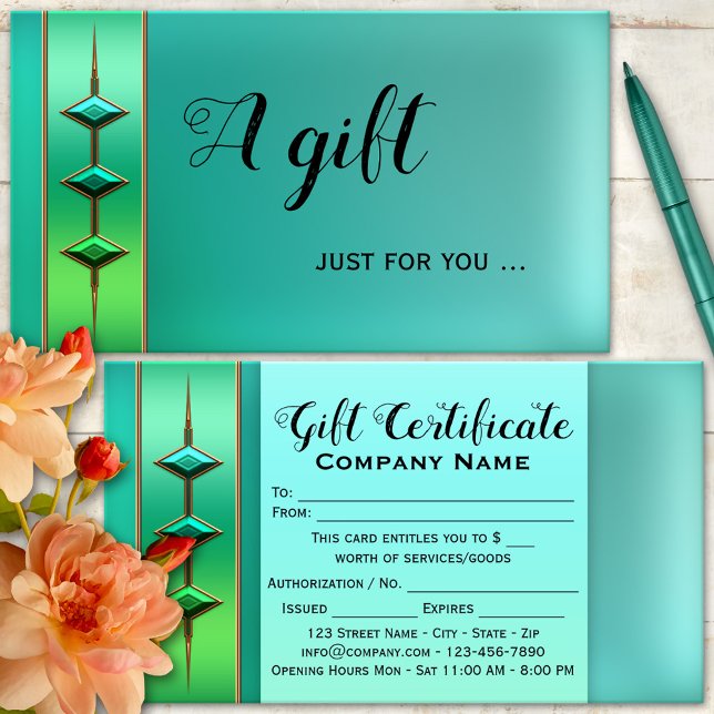 Modelo de Certificado de Presente Verde Turquesa F (Gift certificate business card featuring an artistic design in teal green with turquoise)