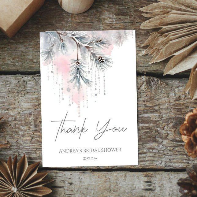 Modelo de chá de noiva de inverno neve no amor (Snow in love winter bridal shower template thank you card watercolor pastel snowy pines and crystals)