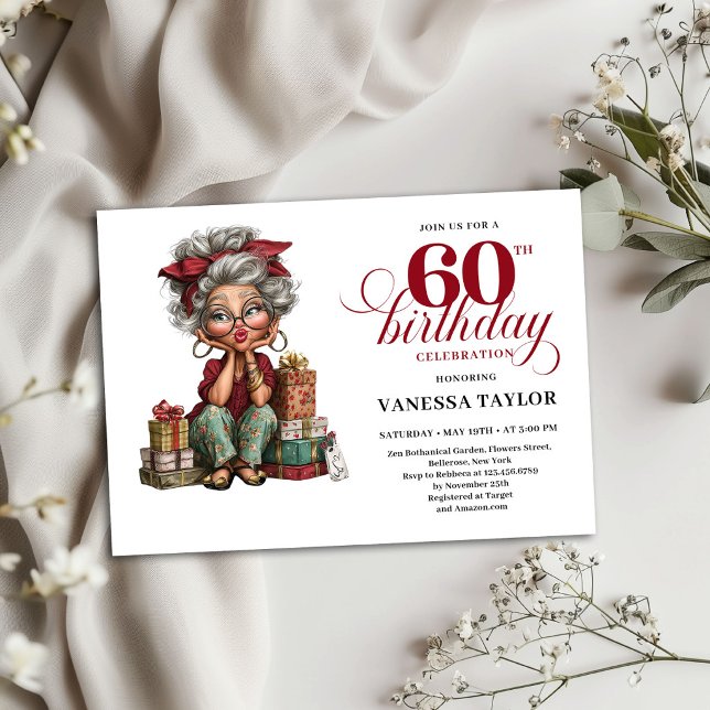 Modelo de Convite de Aniversário de 60 Anos para S (Quirky Old Lady 60th Birthday Invitation Template)