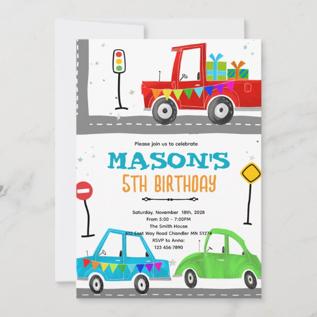 Modelo de convite de aniversário de carros (Frente)