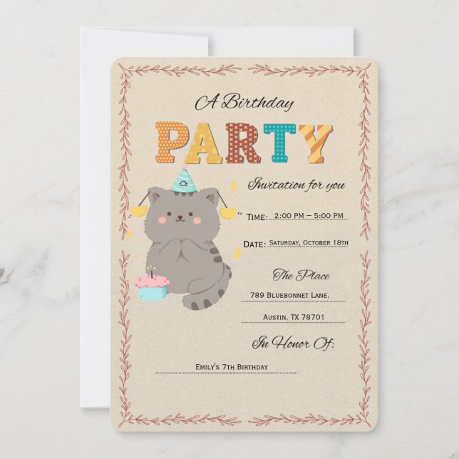 Modelo de Convite de Aniversário de Gato Fofo (Frente)