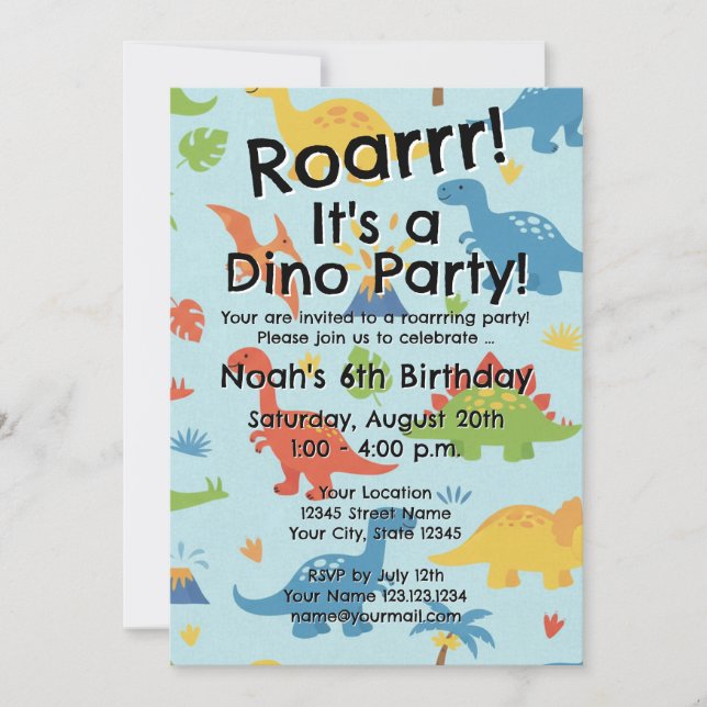 Modelo de convite de aniversário infantil com dino (Frente)
