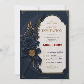 Modelo de Convite de Casamento Azul e Dourado Edit