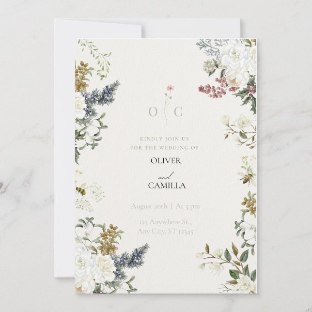 Modelo de Convite de Casamento Botânico de Flor Si (Frente)